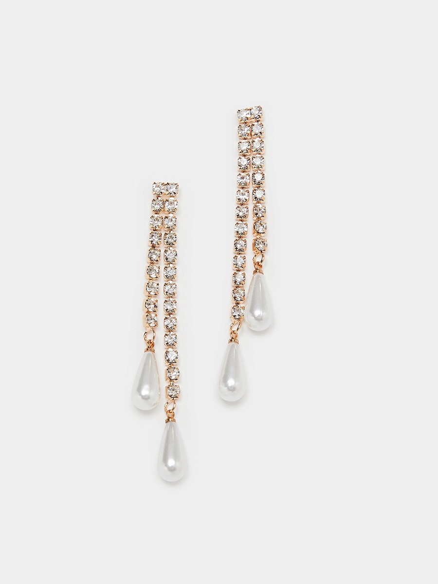 Gold Crystal and Pearl Dangle Earrings