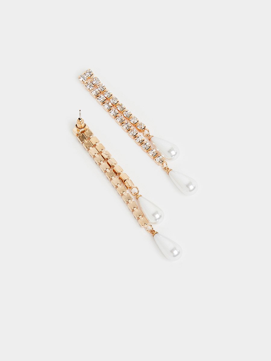 Gold Crystal and Pearl Dangle Earrings