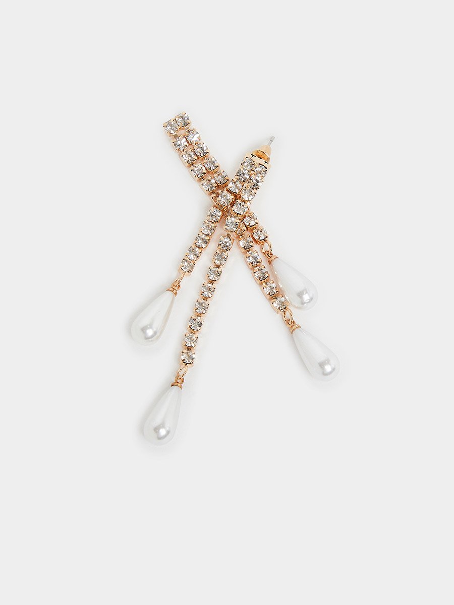 Gold Crystal and Pearl Dangle Earrings