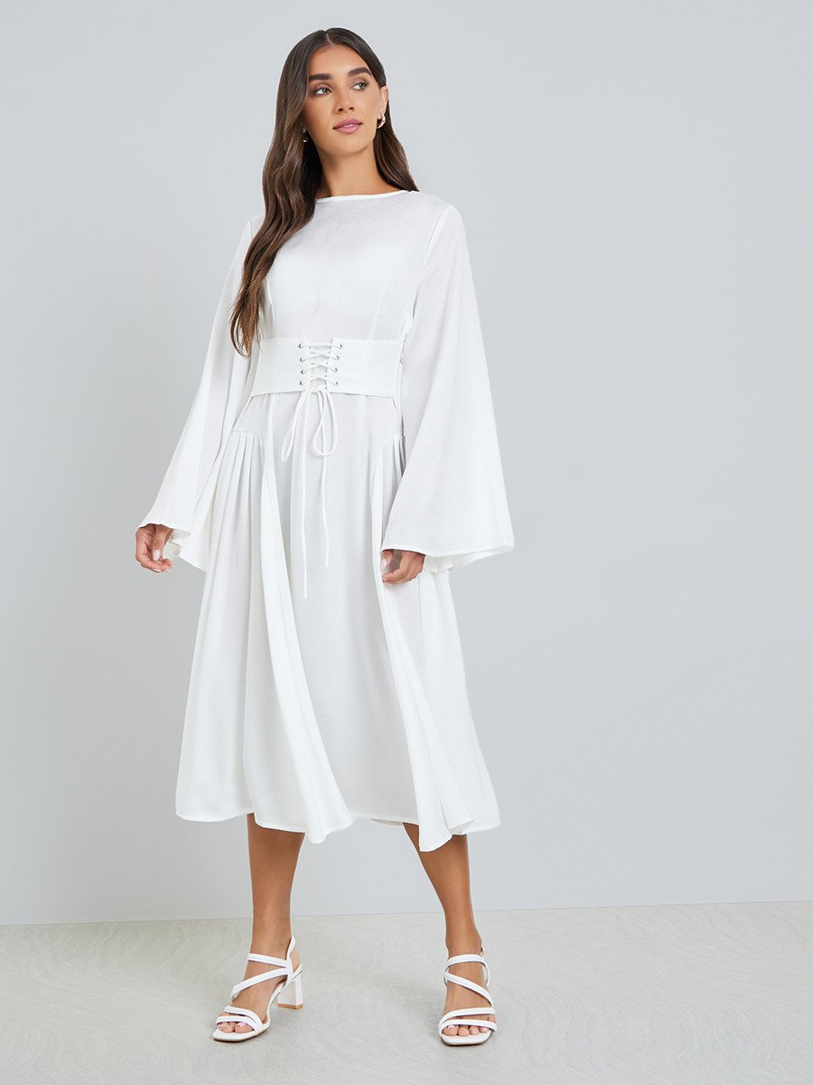 women's london times printed midi a-line dress Brown Embellished Long Sleeve Velvet Trim A-Line Midi Dress