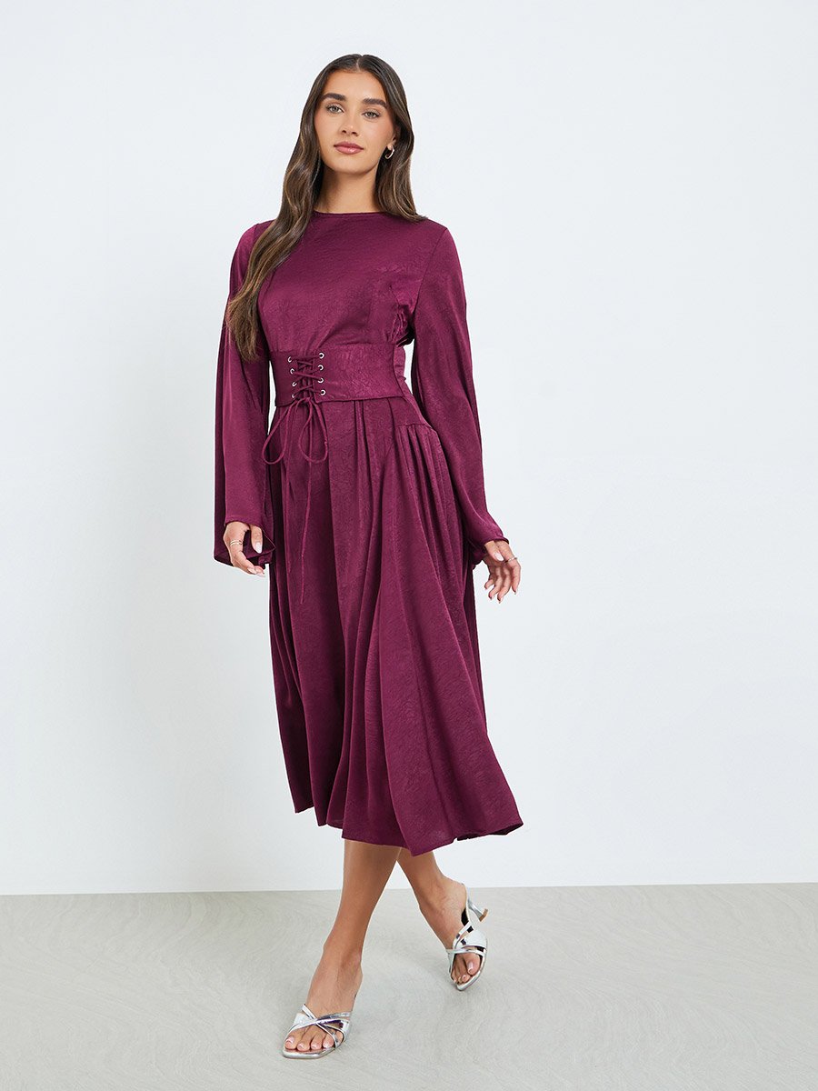 Women Burgundy Long Sleeves A-Line Midi Dress For Women at Kuwait | Styli