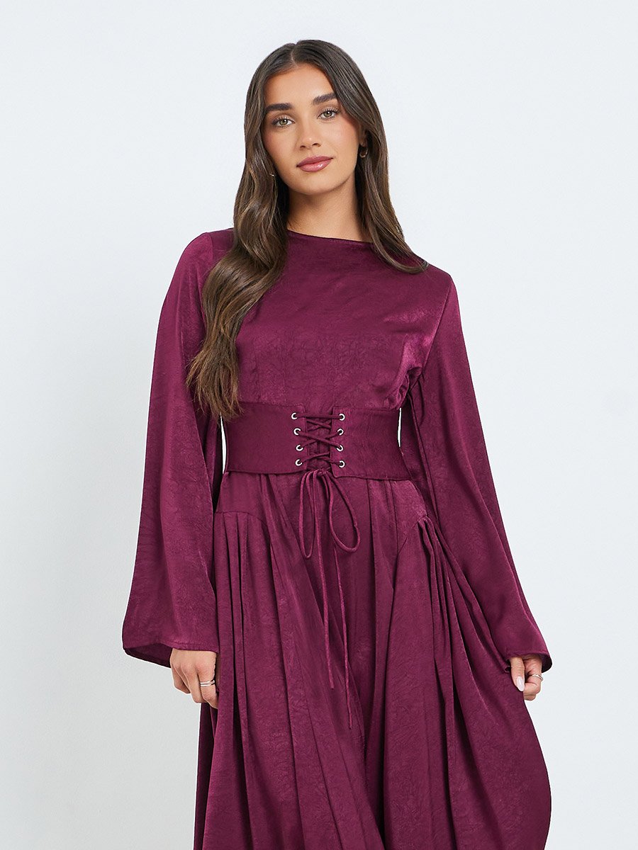 Women Burgundy Long Sleeves A-Line Midi Dress