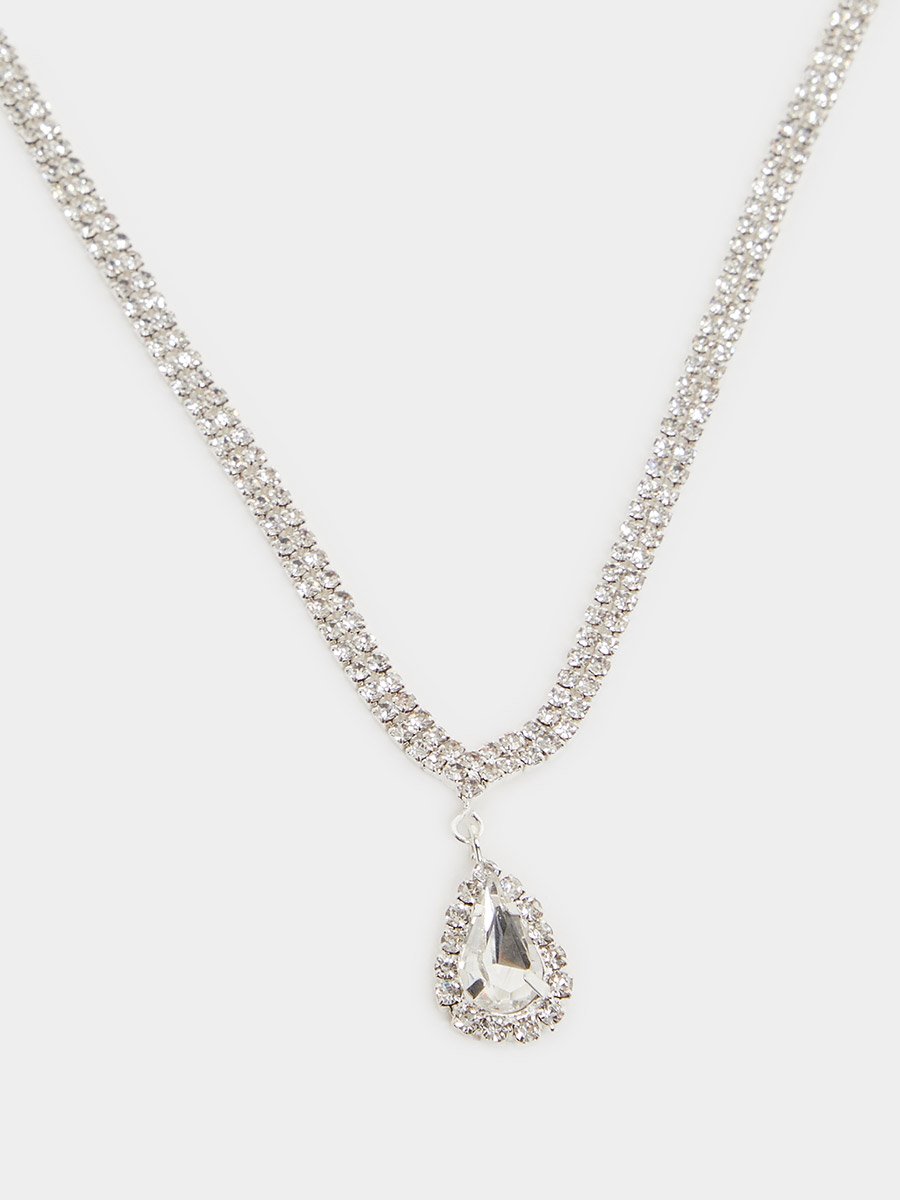 Silver Diamante Necklace with Ring and Earrings with Bracelet Set