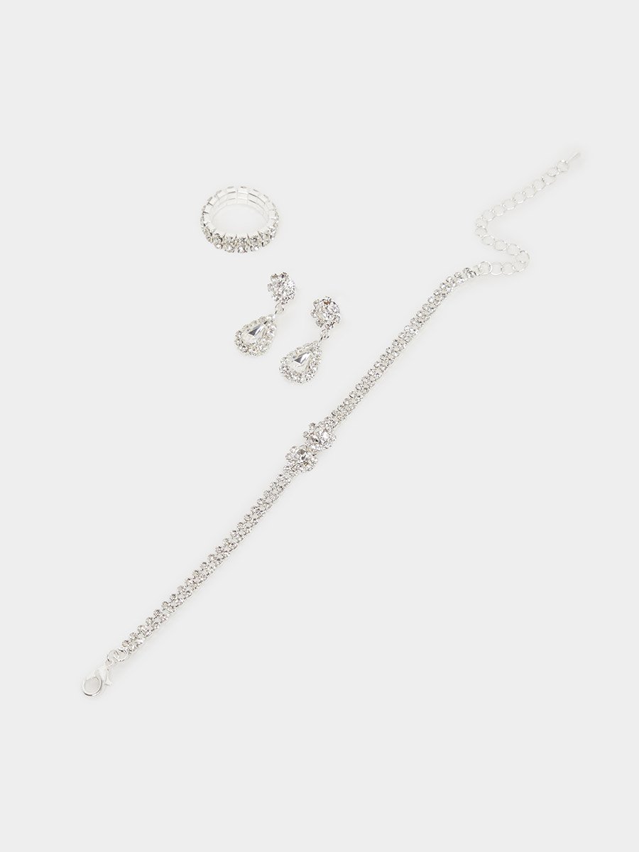 Silver Diamante Necklace with Ring and Earrings with Bracelet Set