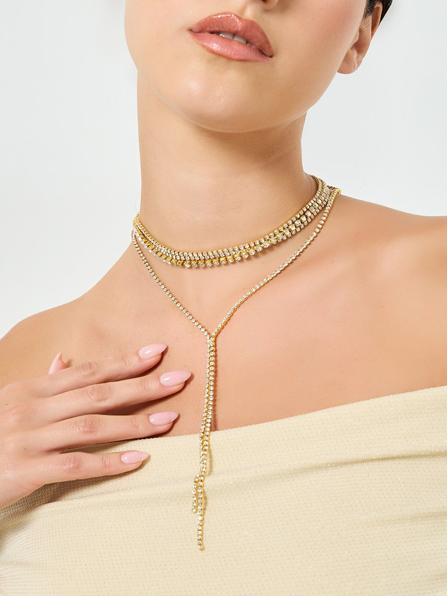 Gold Rhinestone Y Lariat Necklace
