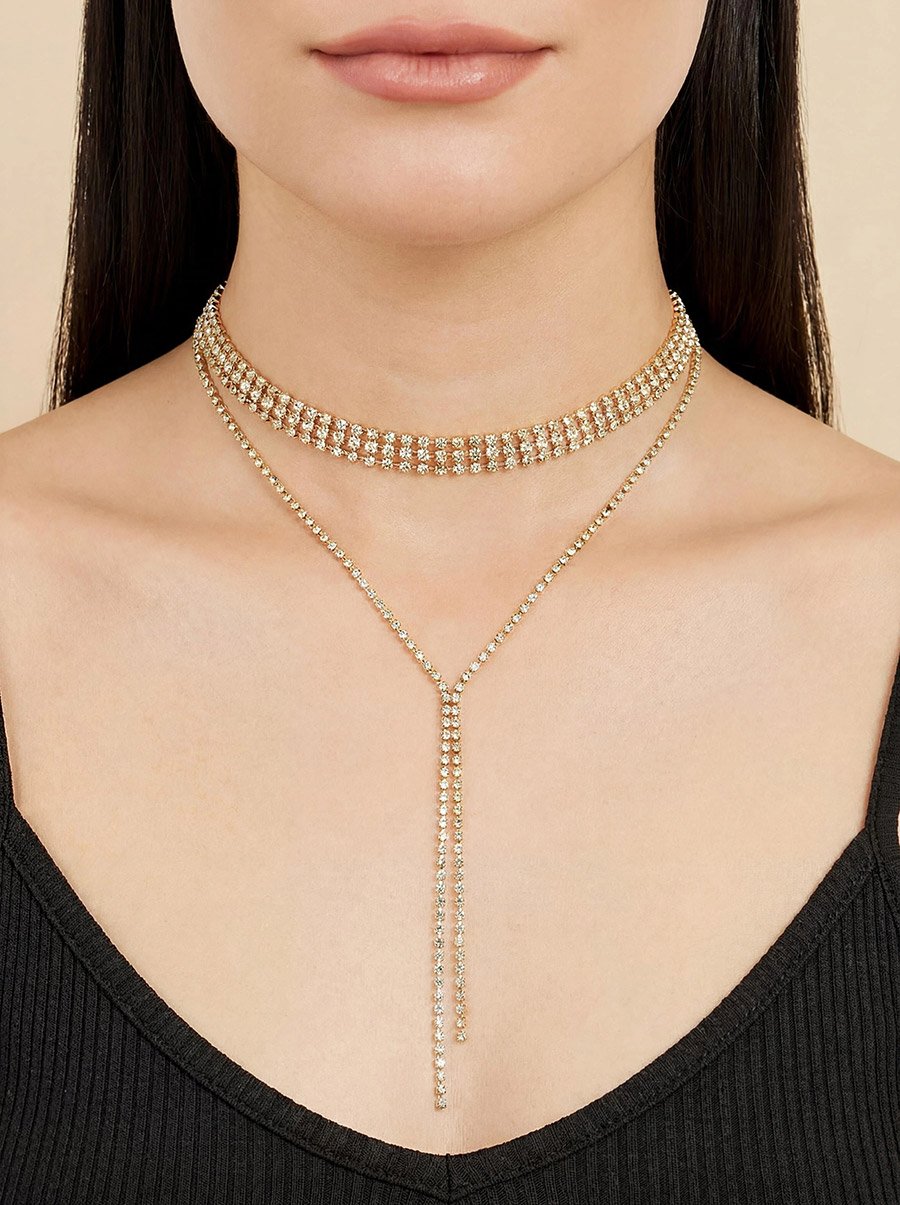 Gold Rhinestone Y Lariat Necklace
