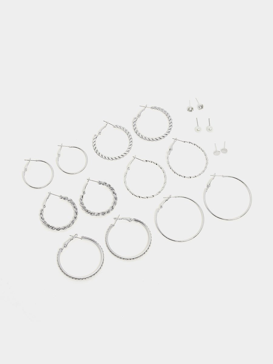 Pack of 9 - Silver Hoop Earrings