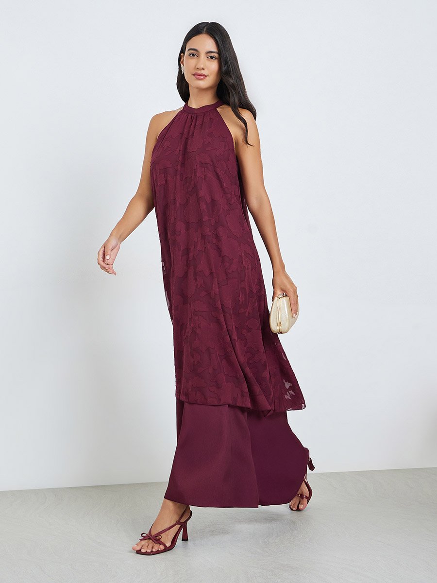 Maroon Burnout Layered A-Line Maxi Dress with Halter Neck
