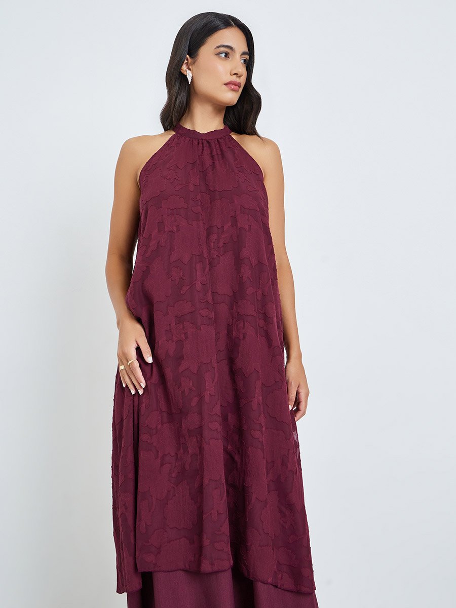 Maroon Burnout Layered A-Line Maxi Dress with Halter Neck