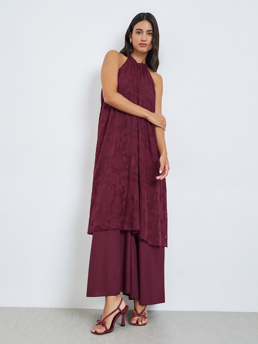 Maroon Burnout Layered A-Line Maxi Dress with Halter Neck