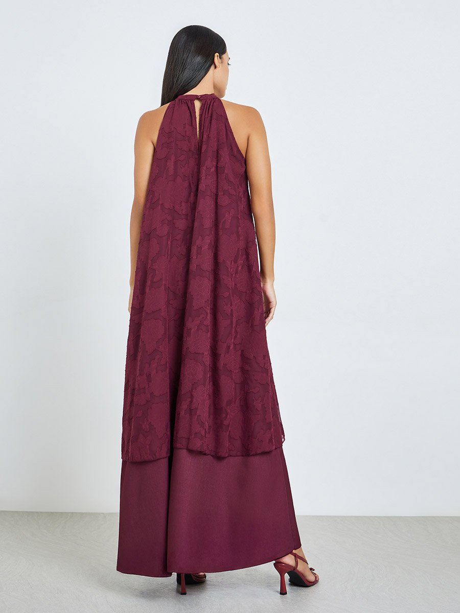 Maroon Burnout Layered A-Line Maxi Dress with Halter Neck