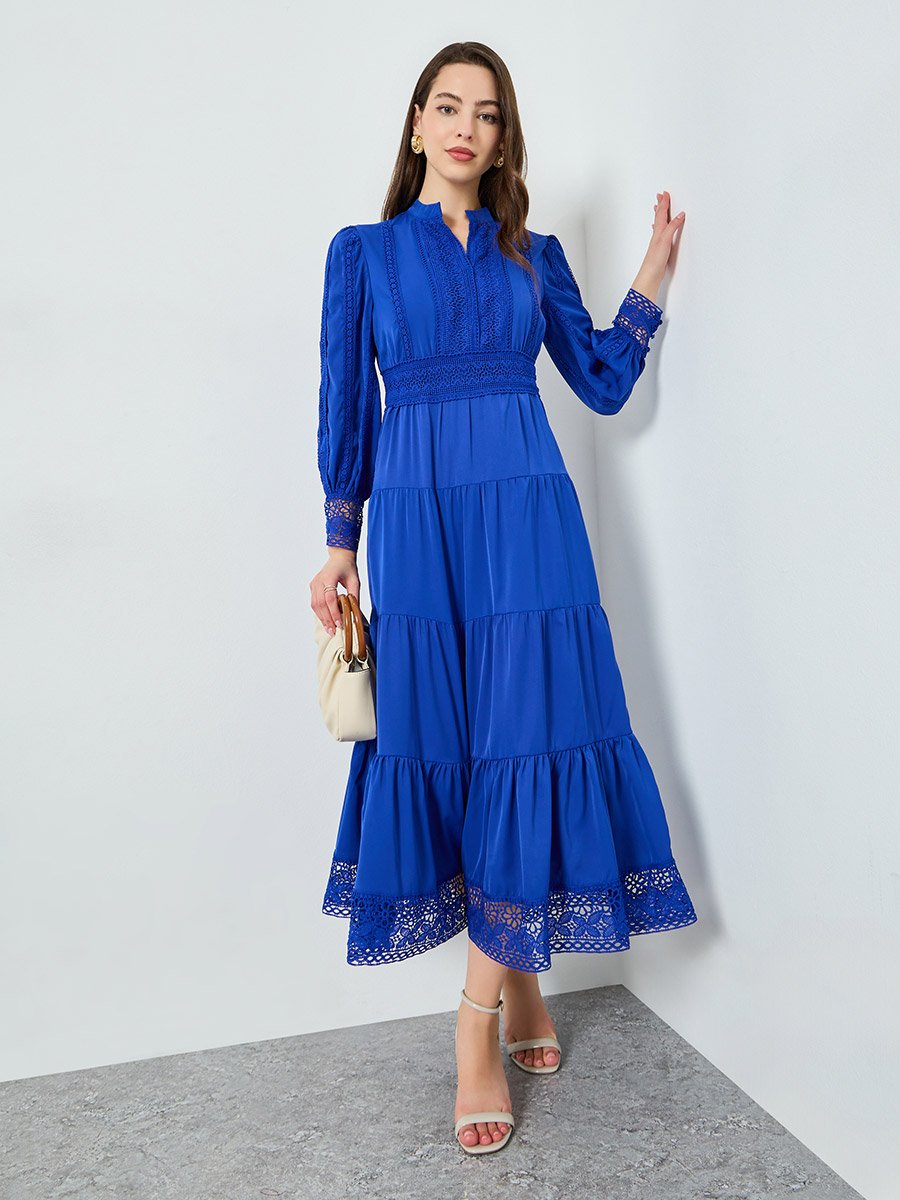 Women Blue Tiered Midi Dress with Lace Insert