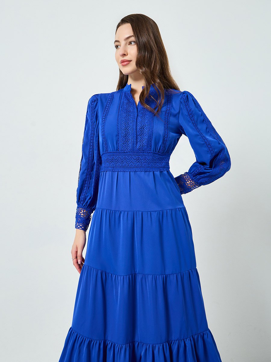 Women Blue Tiered Midi Dress with Lace Insert
