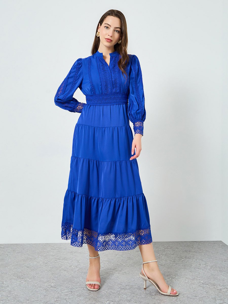 Women Blue Tiered Midi Dress with Lace Insert