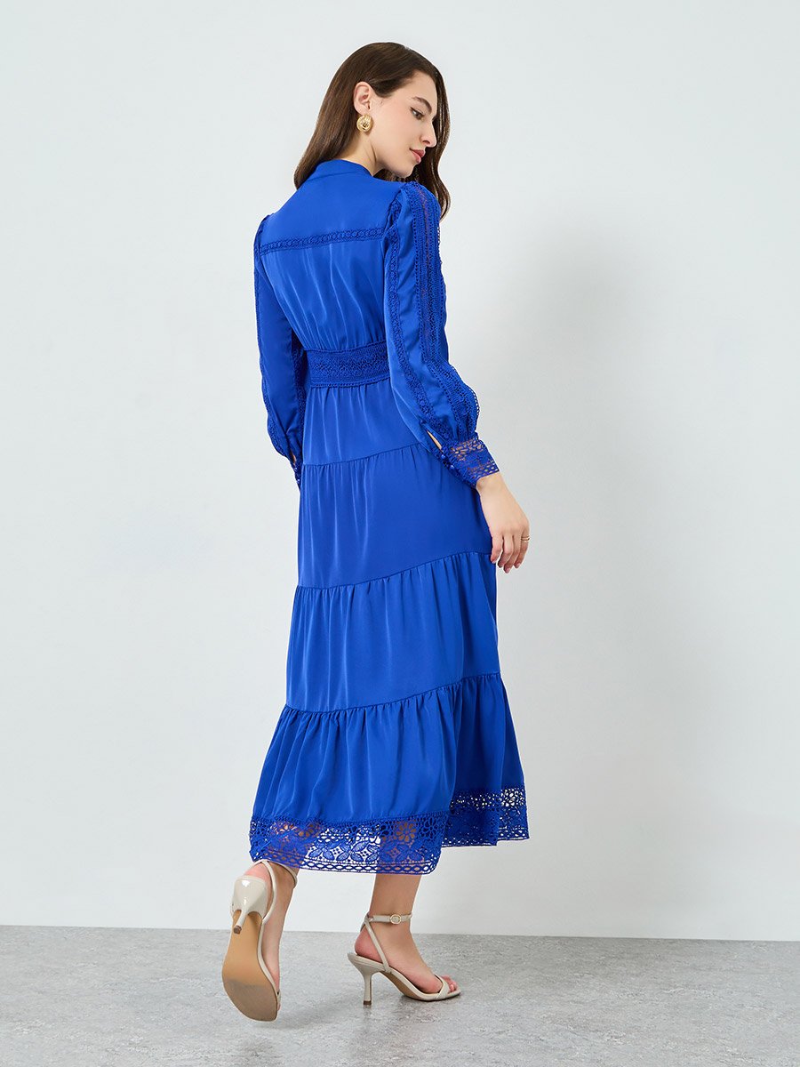 Women Blue Tiered Midi Dress with Lace Insert