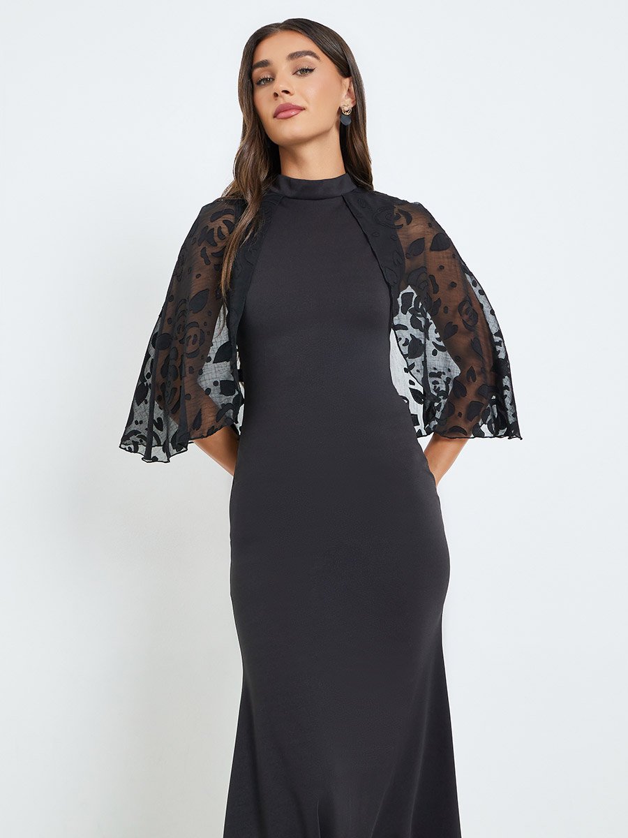 Women Black Sheer Cape Sleeves Mermaid Maxi Dress For Women at Saudi | Styli