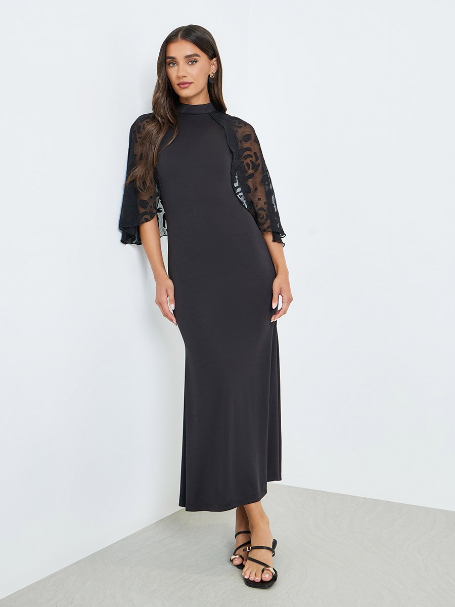 Women Black Sheer Cape Sleeves Mermaid Maxi Dress For Women at Saudi | Styli