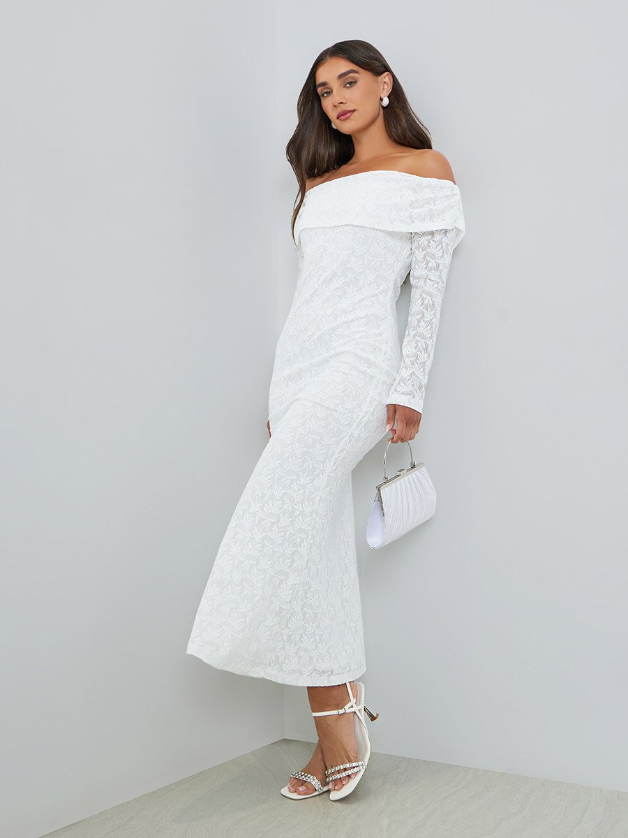Women White Lace Off Shoulder Mermaid Midi Dress For Women at Bahrain | Styli Women White Lace Off Shoulder Mermaid Midi Dress For Women at Bahrain | Styli