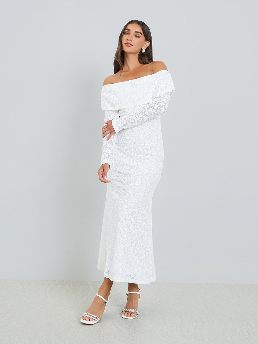 white mermaid midi dress Good Girl Chic Ruffled – Product Video Twist Front off the Shoulder Lace Mermaid Midi Dress Great Stretch 95% Polyester 5% Elastin Joelle is Wearing a Small SHOW ME OFF LACE MERMAID
