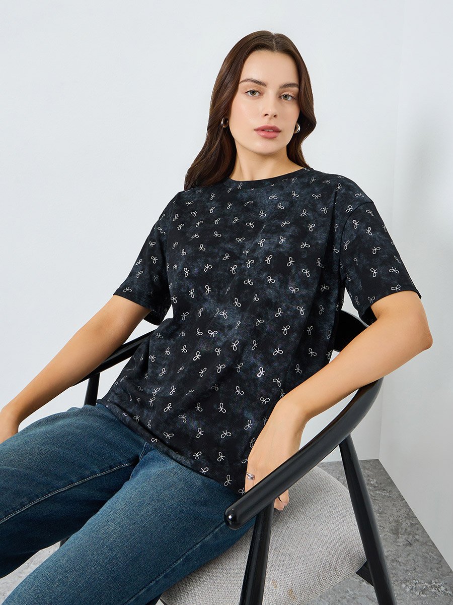 Women Grey Bow Print Oversized T-Shirt