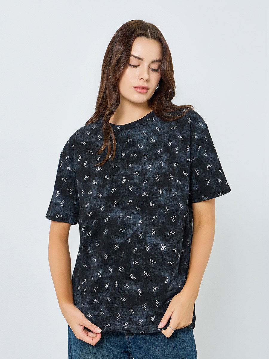 Women Grey Bow Print Oversized T-Shirt