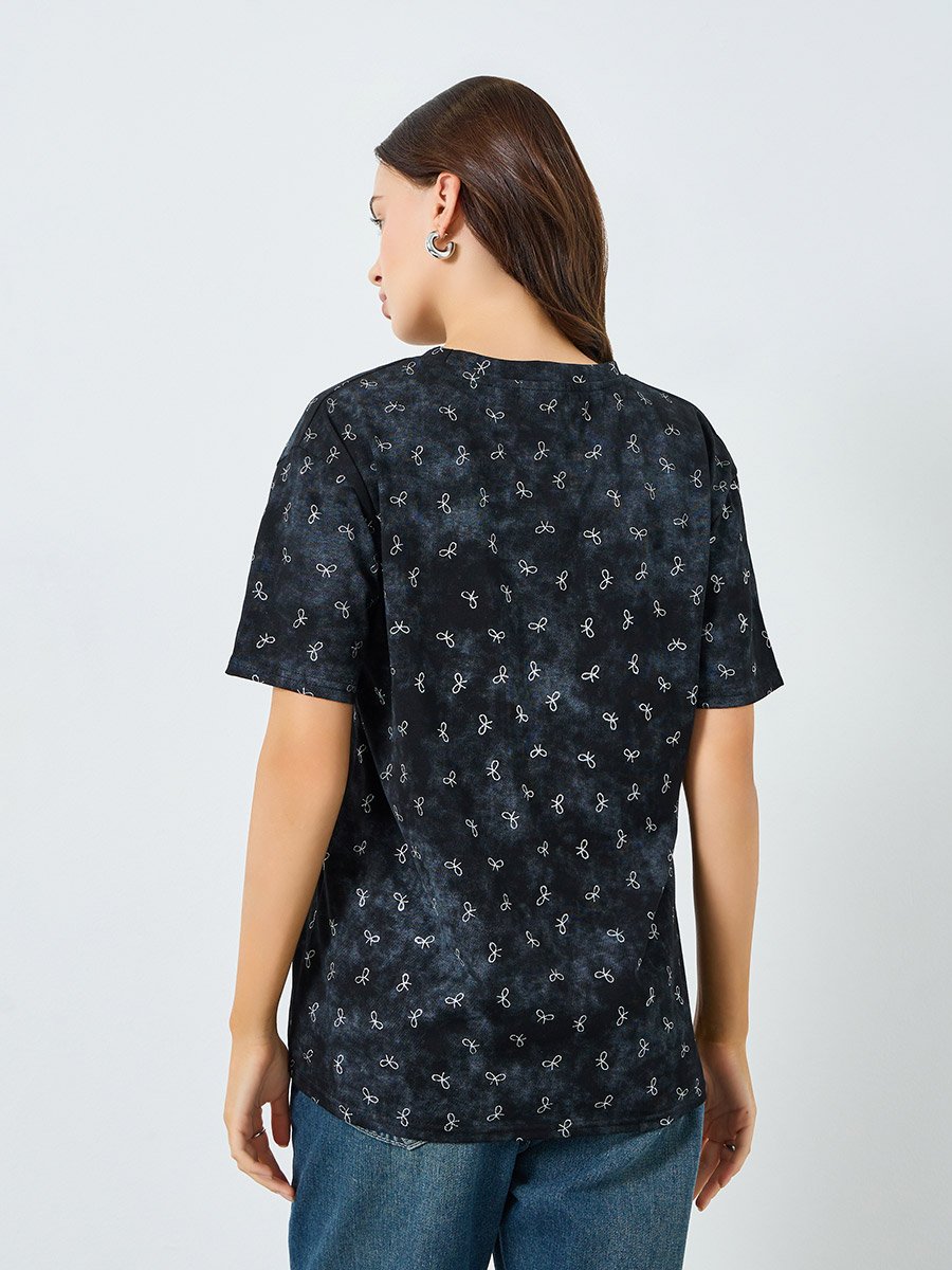 Women Grey Bow Print Oversized T-Shirt