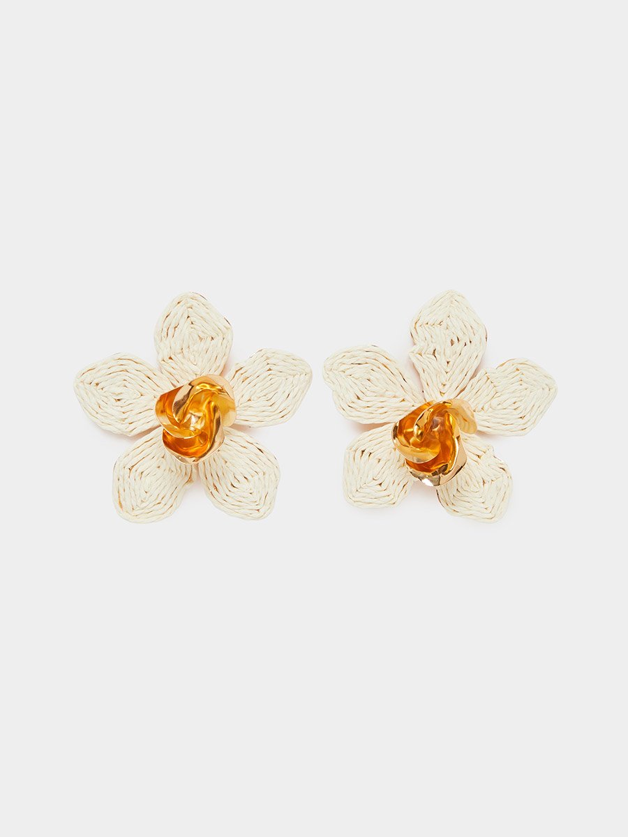 White Raffia Flower Earrings