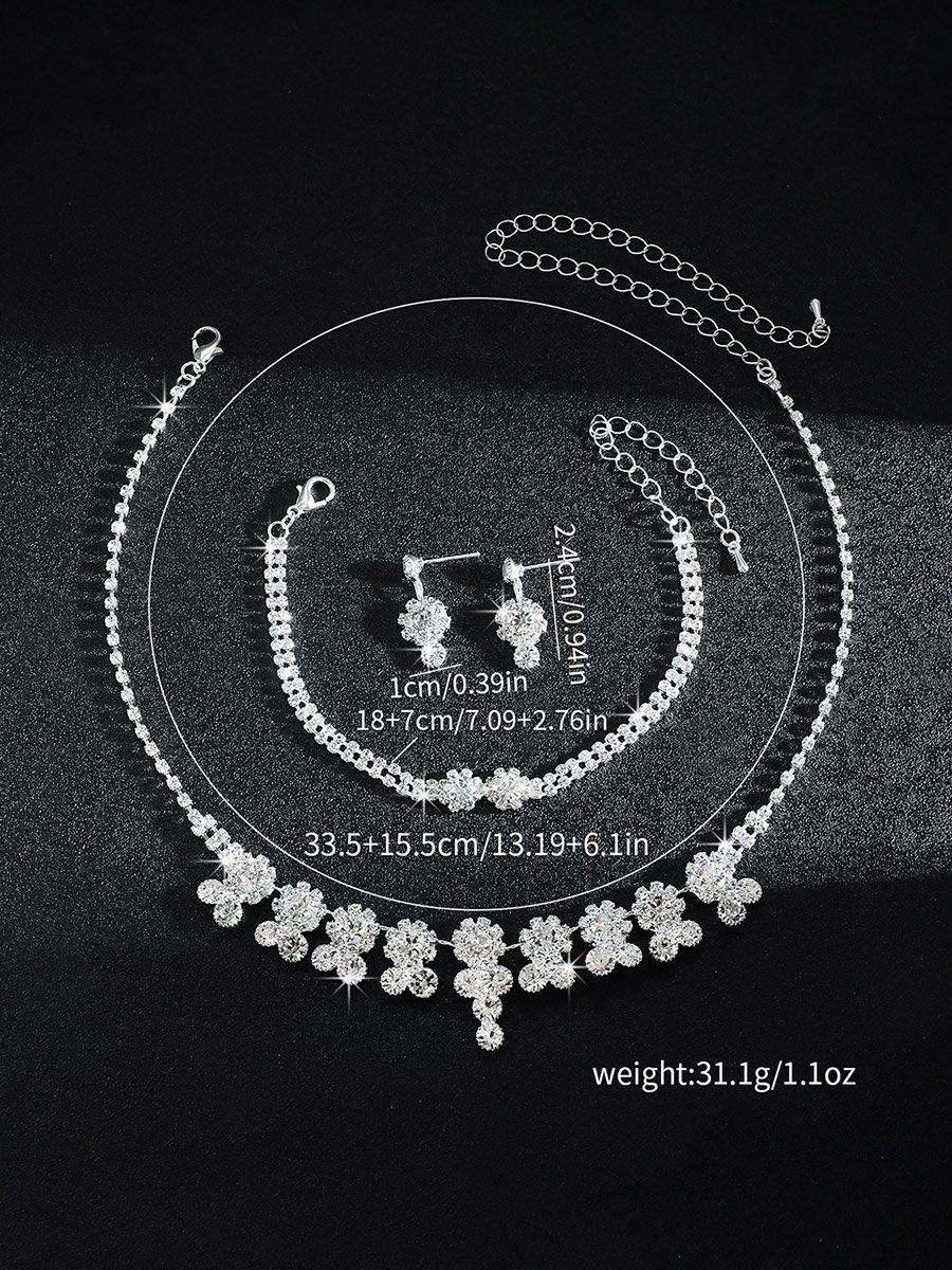 Silver Rhinestone Embellished Necklace with Bracelet and Earrings Set