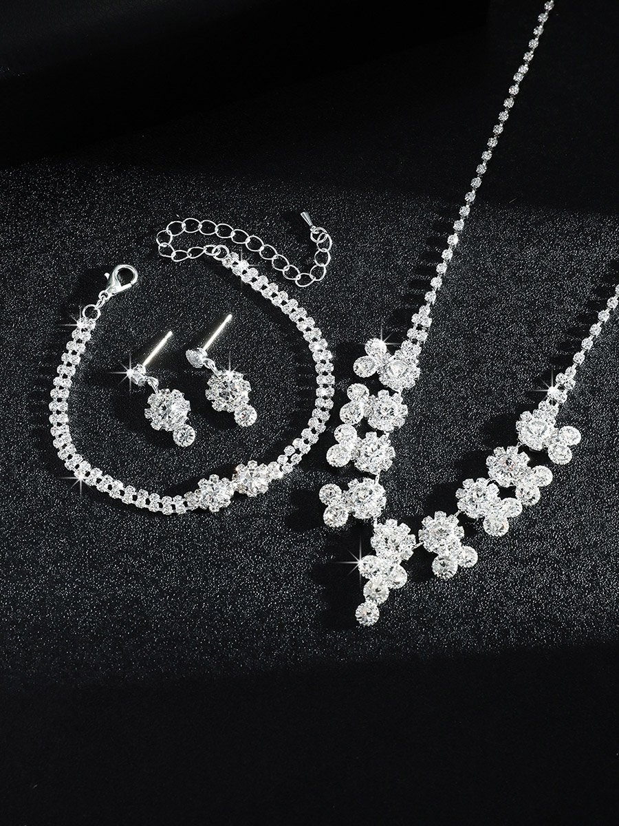 Silver Rhinestone Embellished Necklace with Bracelet and Earrings Set