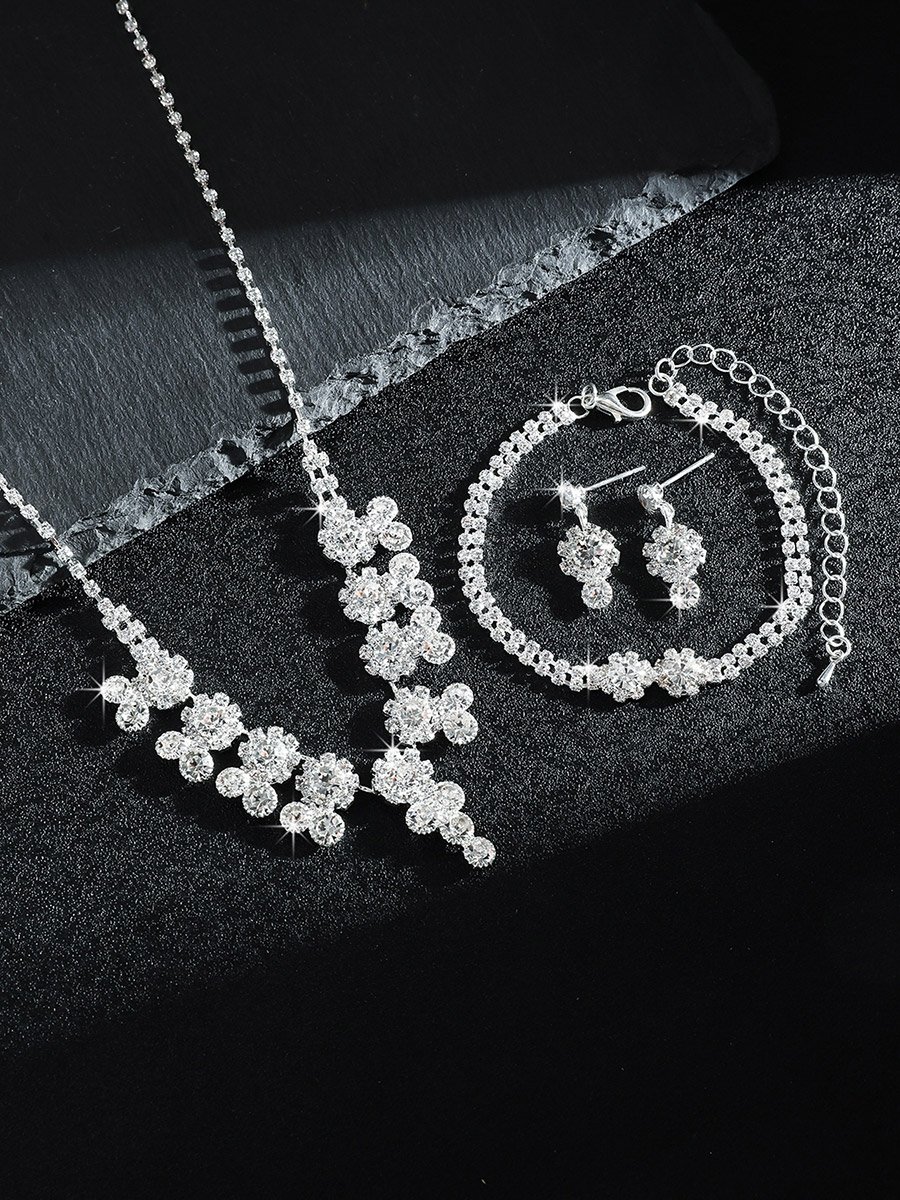 Silver Rhinestone Embellished Necklace with Bracelet and Earrings Set