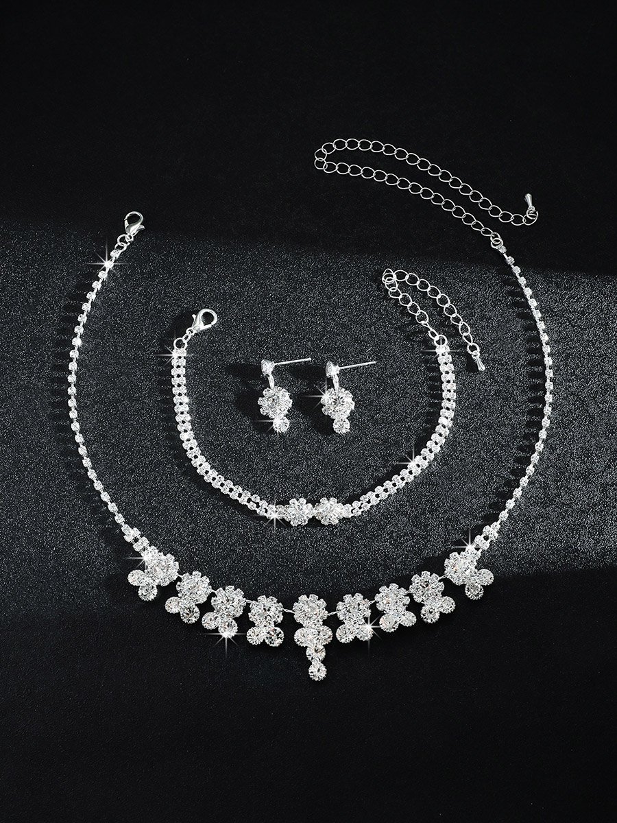 Silver Rhinestone Embellished Necklace with Bracelet and Earrings Set