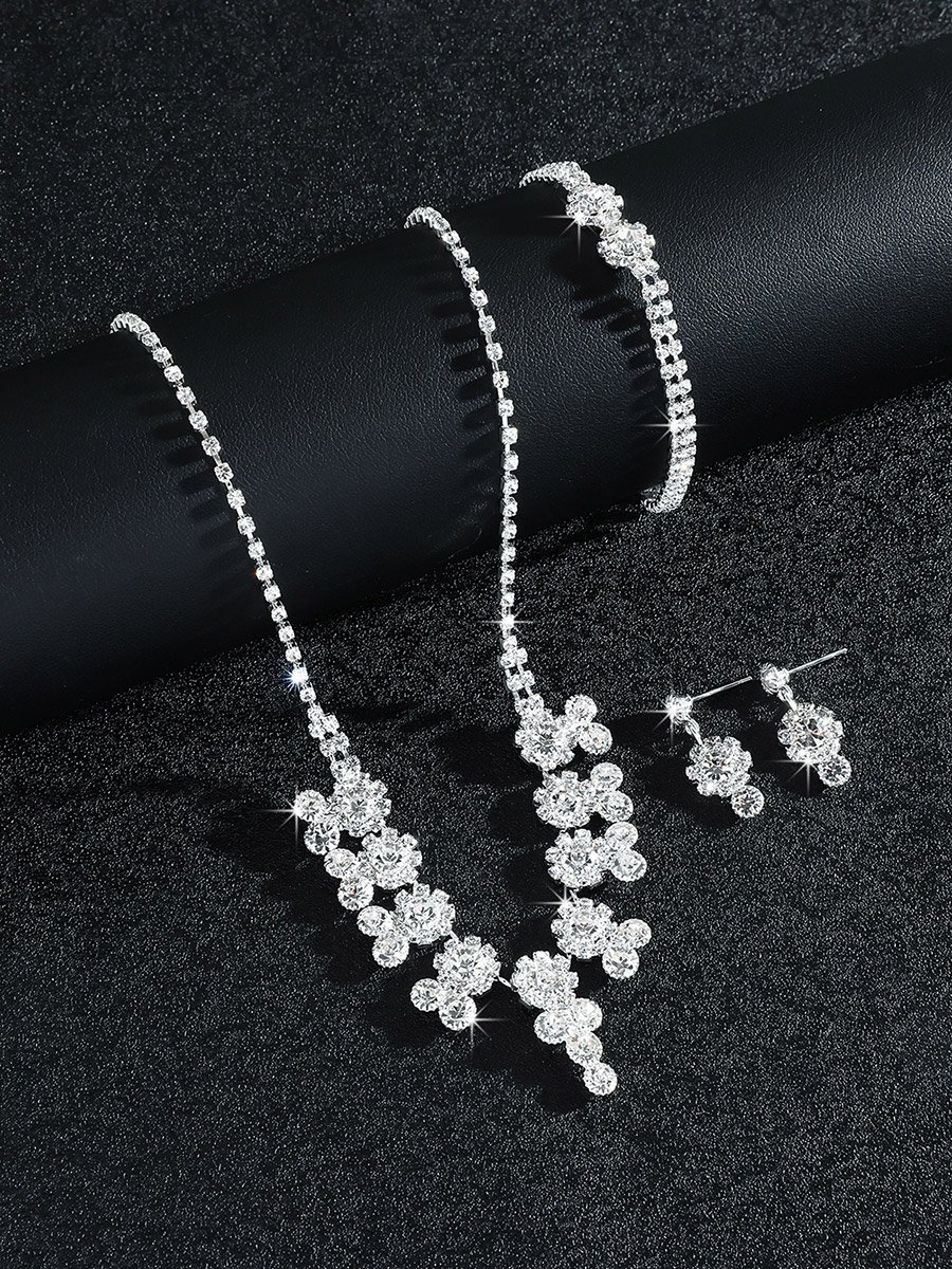 Silver Rhinestone Embellished Necklace with Bracelet and Earrings Set