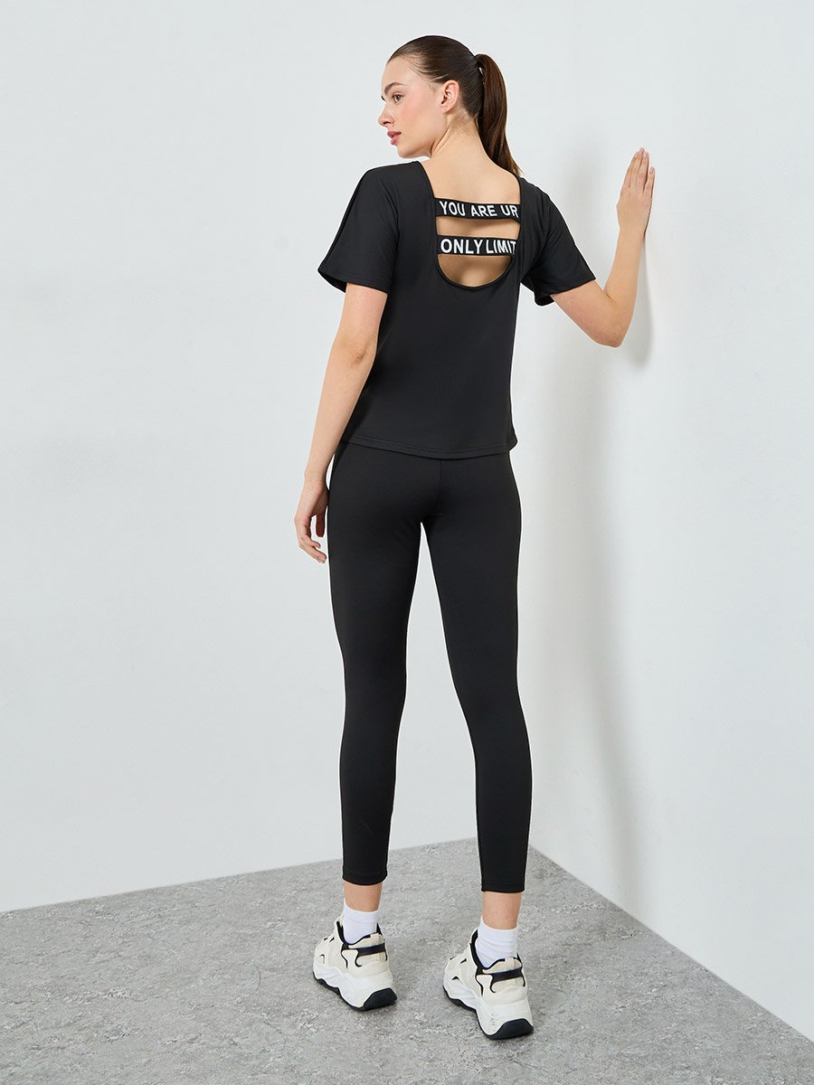 Back Text Strap Short Sleeves Top and Cari Set