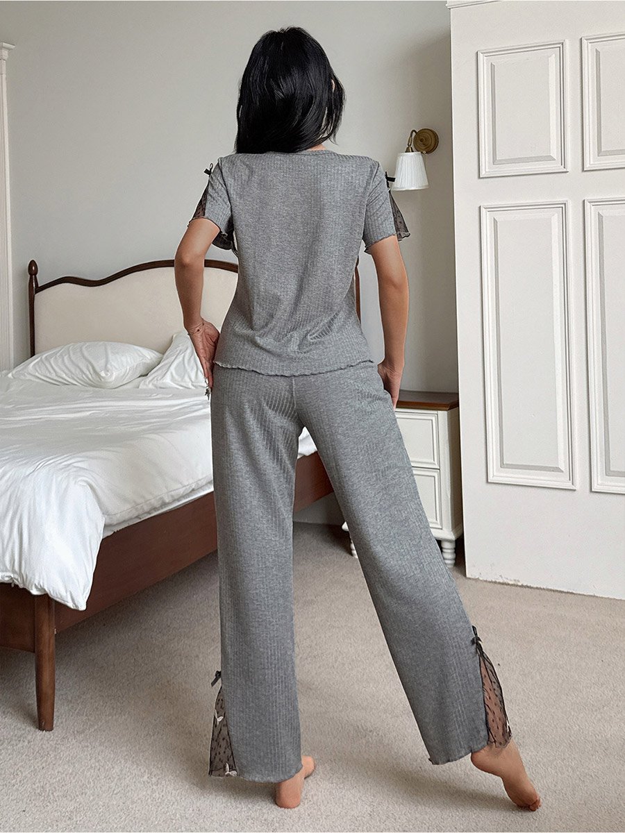 Lace Insert Short Sleeve Top and Pyjama Set