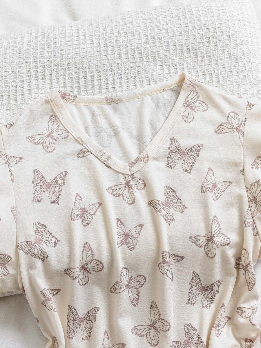 Women Beige Butterfly Print Top and Pyjama Set