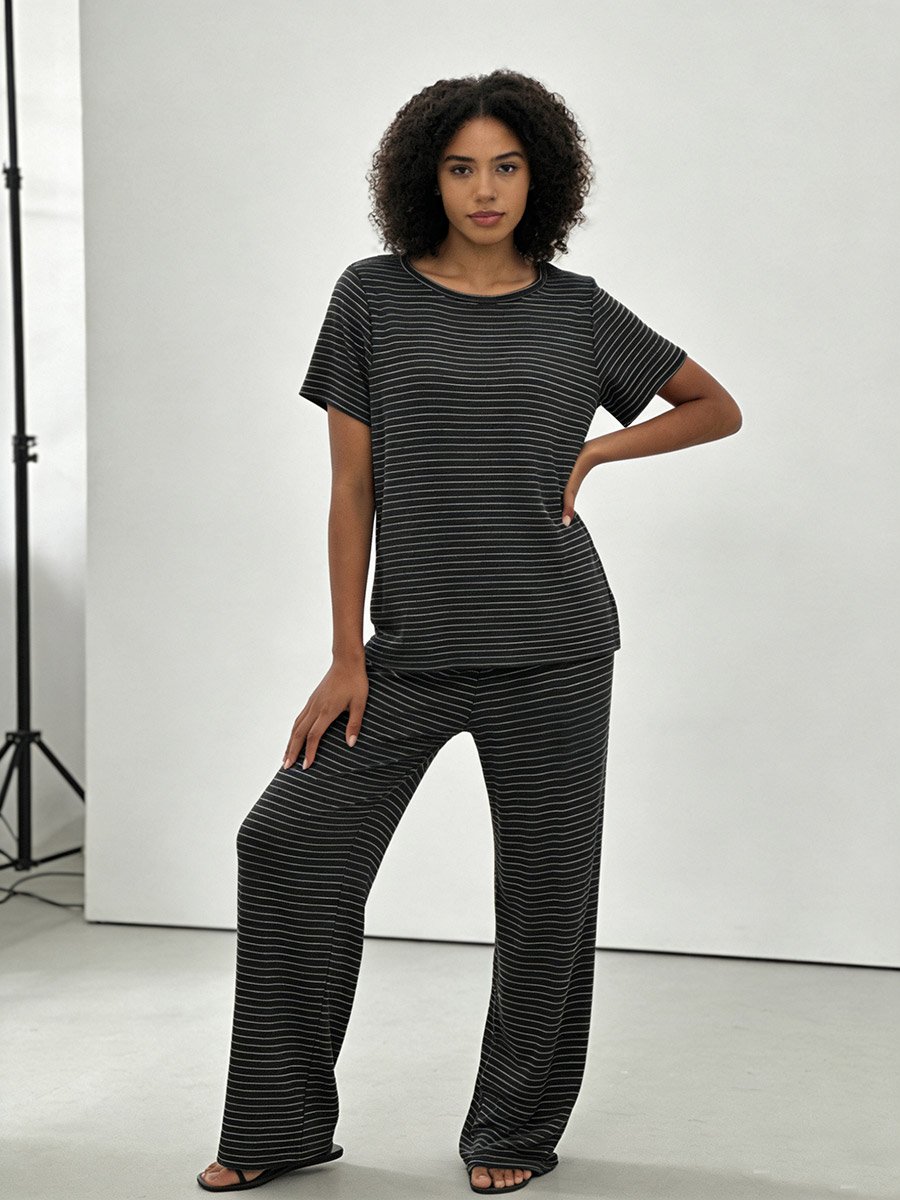 Black Striped Knit T-Shirt and Pyjama Set