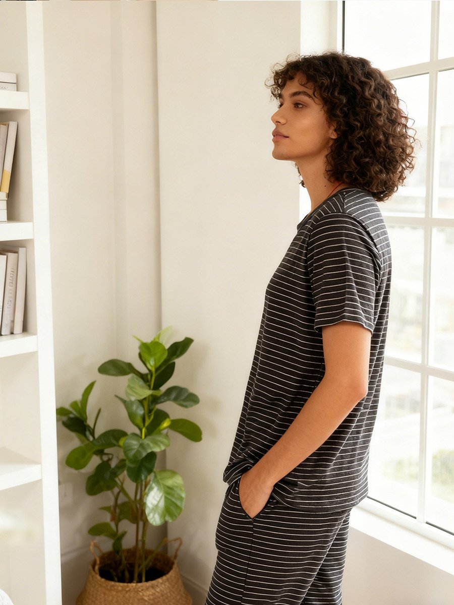 Black Striped Knit T-Shirt and Pyjama Set