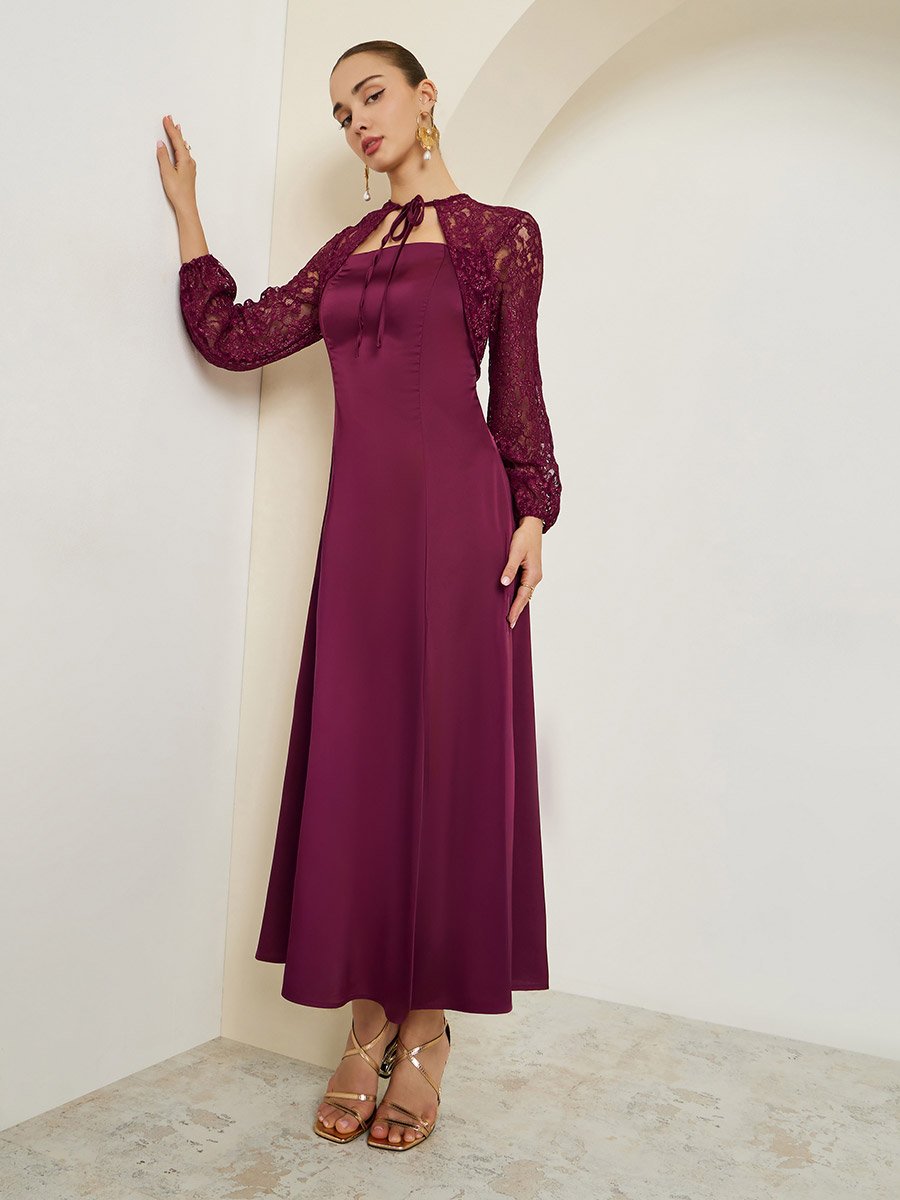 Burgundy Lace Sleeves A-Line Maxi Dress