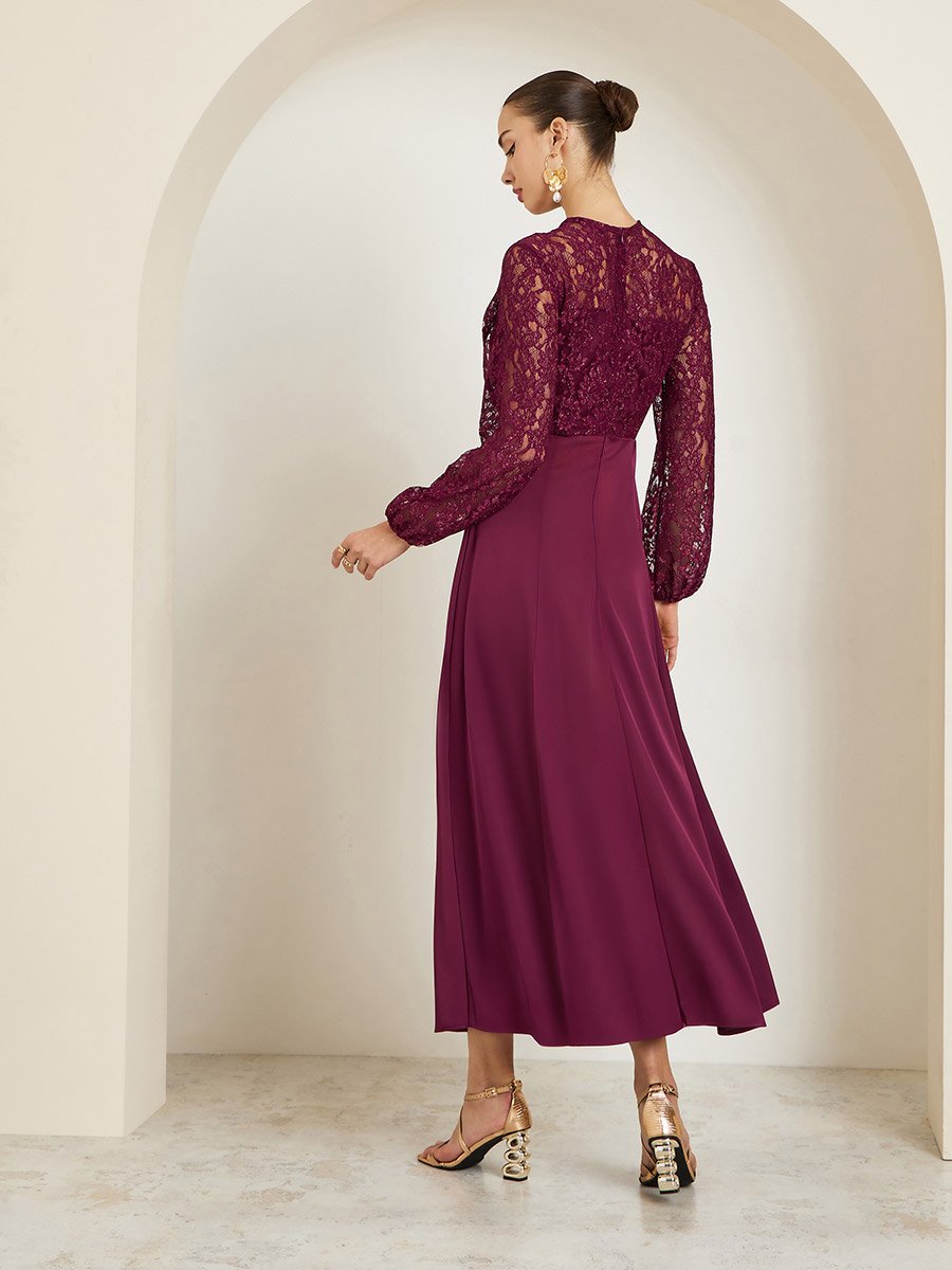 princess polly baby blue dress Feminine Lace Shirt Dress With Half-placket Burgundy / Floral Lace Long  Dress / Vintage-inspired Dress /timeless Long Sleeves & Satin Lining main image 0