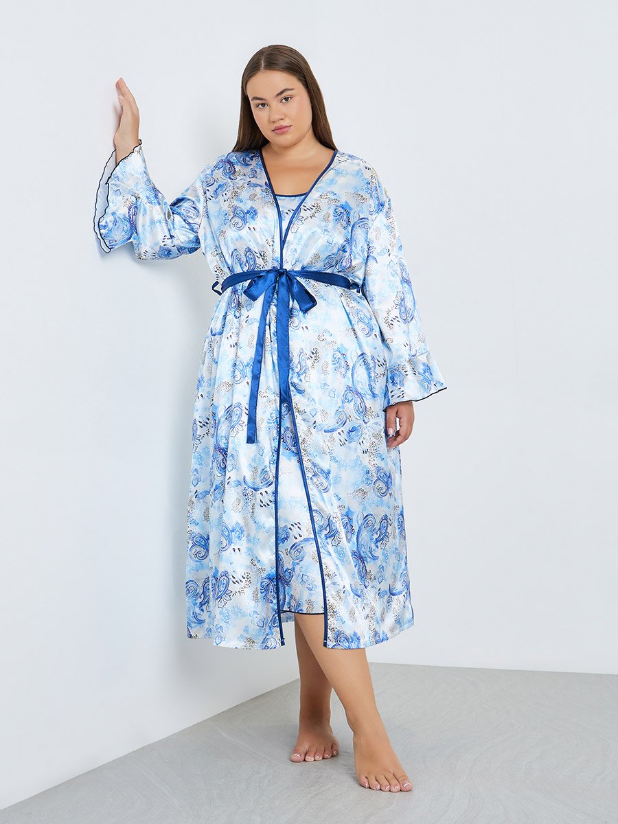 Plus Size Women Printed Robe and Satin Slip Dress