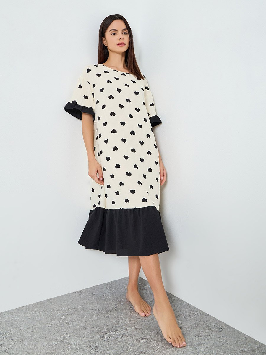Women Love Heart Printed Short Sleeve Midi Nightdress