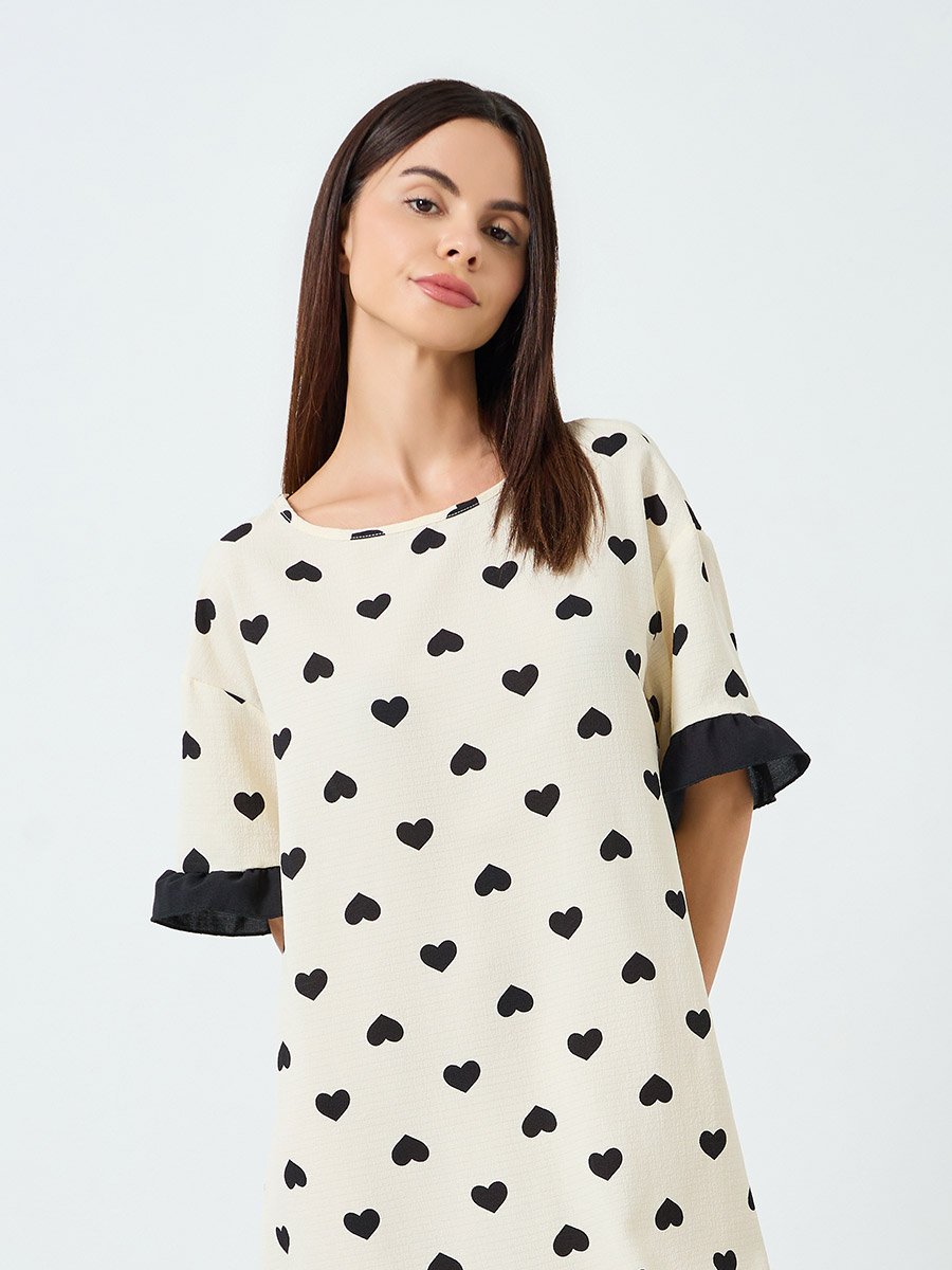 Women Love Heart Printed Short Sleeve Midi Nightdress