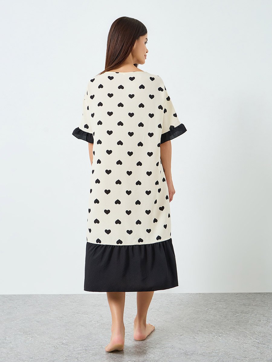 Women Love Heart Printed Short Sleeve Midi Nightdress