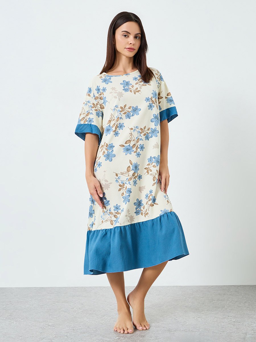 Women Floral Printed Short Sleeve Midi Nightdress