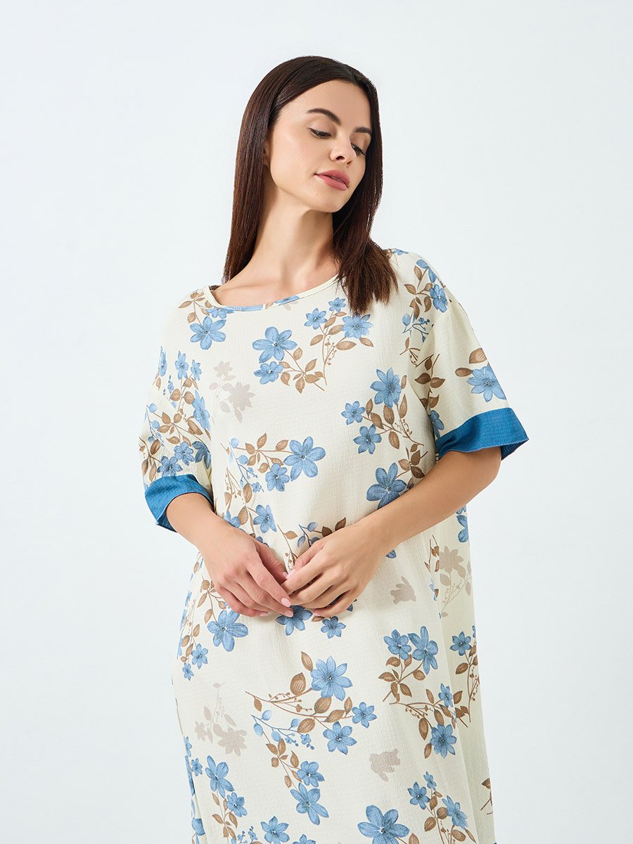 Women Floral Printed Short Sleeve Midi Nightdress