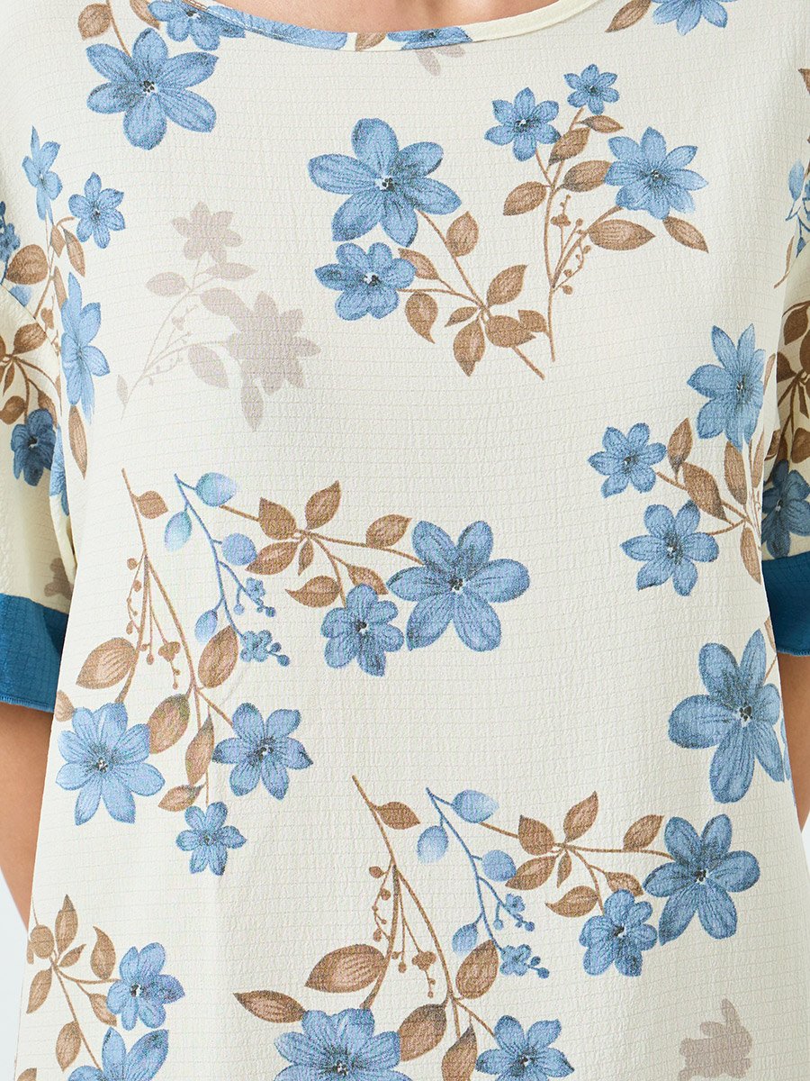 Women Floral Printed Short Sleeve Midi Nightdress