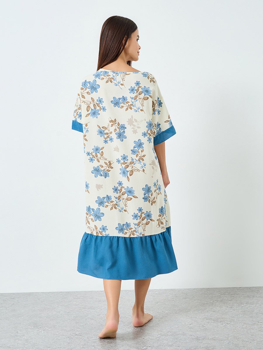 Women Floral Printed Short Sleeve Midi Nightdress