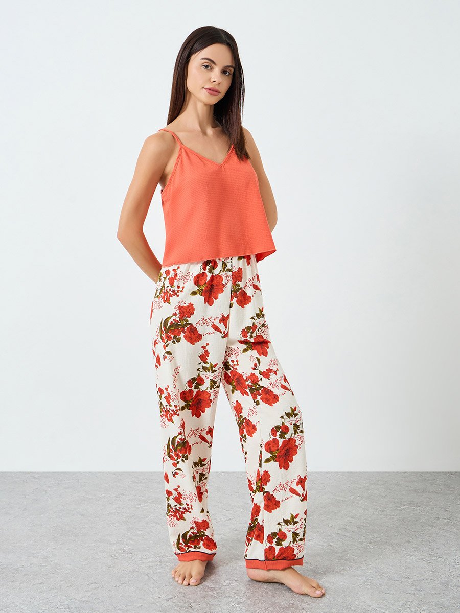 Women Solid Cami Top and Floral Printed Pyjama Set