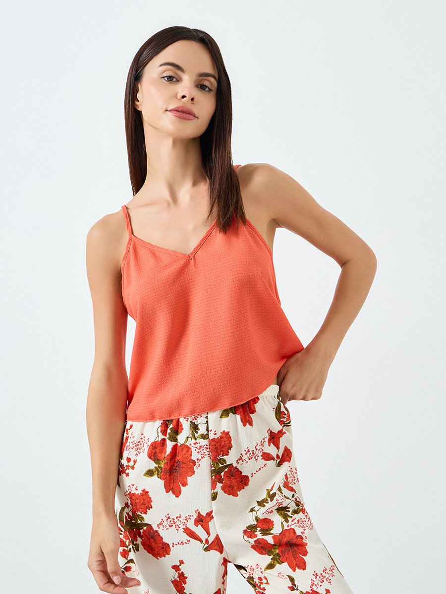 Women Solid Cami Top and Floral Printed Pyjama Set