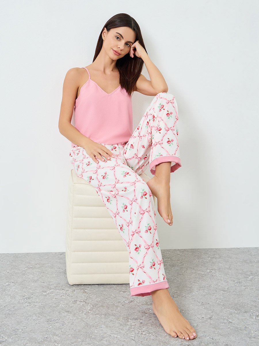 Women Solid Cami Top and Floral Printed Pyjama Set